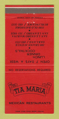 Matchbook Cover Tia Maria Mexican Restaurant San Leandro Burlingame CA 30 Strike