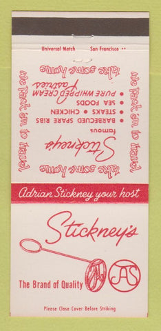 Matchbook Cover - Stickney's Restaurant Redwood City Palo Alto CA 30 Strike