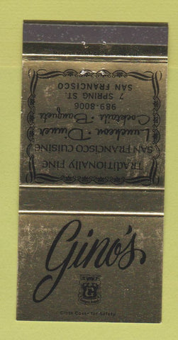 Matchbook Cover - Gino's Restaurant San Francisco CA WEAR 30 Strike