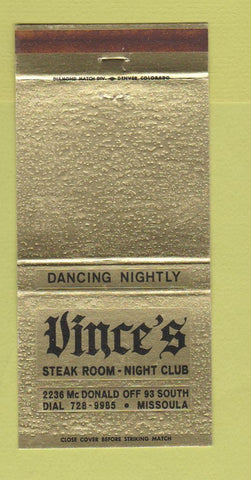 Matchbook Cover - Vince's Steak Room Night Club Missoula MT 30 Strike