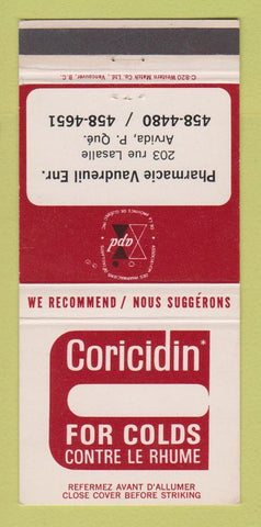 Matchbook Cover - Coricidin Arvida QC Drug Store Vaudreuil WEAR 30 Strike