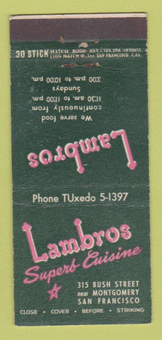 Matchbook Cover - Lambros Restaurant San Francisco CA 30 Stick