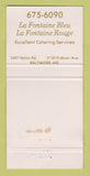 Matchbook Cover - La Fontaine Bleu Baltimore MD CREASED 30 Strike