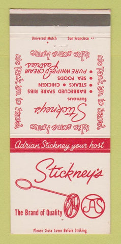 Matchbook Cover - Stickney's Restaurant Redwood City Palo Alto CA 30 Strike