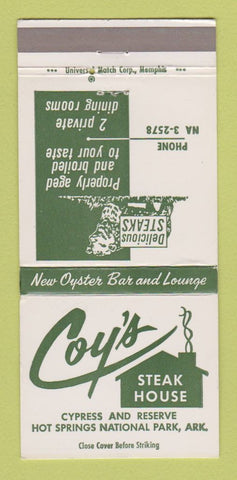 Matchbook Cover - Coy's Steak House Hot Springs National Park AR 30 Strike