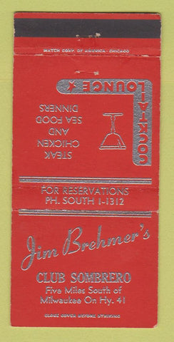 Matchbook Cover - Jim Brehmer's Club Sombrero Milwaukee WI area 30 Strike