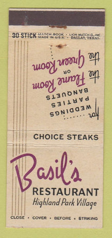 Matchbook Cover - Basil's Restaurant Highland Park Village Dallas TX 30 Stick