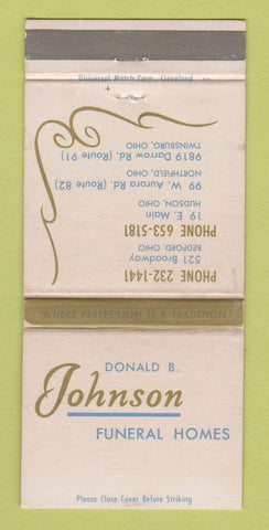 Matchbook Cover Johnson Funeral Home Bedford Hudson Northfield OH WEAR 30 Strike