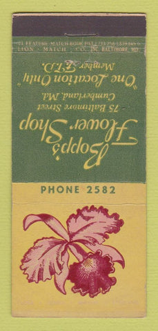 Matchbook Cover - Bopp's Flowers Cumberland MD CREASE 21 Strike Feature