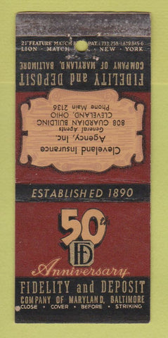 Matchbook Cover - Fidelty and Deposit Baltimore MD 1940 WEAR 21 Strike Feature