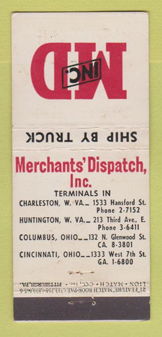Matchbook Cover Merchants Dispatch Charleston WV Columbus WEAR 21 Strike Feature