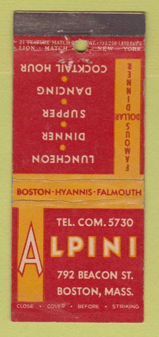 Matchbook Cover - Alpini Restaurant Boston MA WEAR 21 Strike Feature