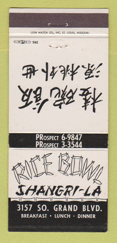 Matchbook Cover - Rice Bowl Shangri LA Chinese Restaurant St Louis? 30 Strike