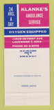 Matchbook Cover - Klanke's Ambulance Lakewood OH WEAR 30 Strike