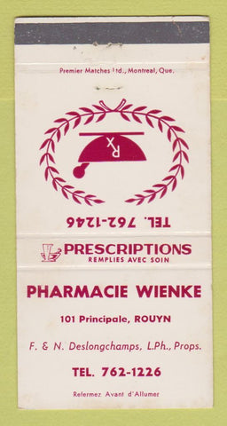Matchbook Cover - Pharmacie Drug Wienke Rouyn QC 30 Strike