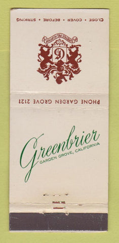 Matchbook Cover - Greenbrier Garden Grove CA WORN 30 Stick