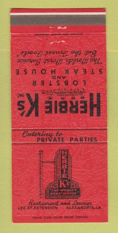 Matchbook Cover - Herbie K's Restaurant Steak Alexandria LA 30 Strike