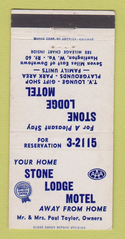 Matchbook Cover - Stone Lodge Motel Huntington WV 30 Strike