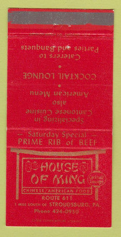 Matchbook Cover - House of Ming Chinese Restaurant Stroudsburg PA 30 Strike