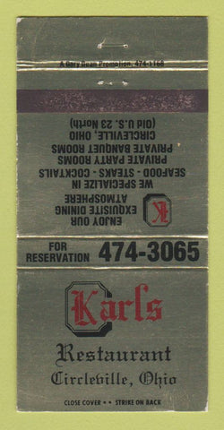 Matchbook Cover - Karls Restaurant Circleville OH WEAR 30 Strike