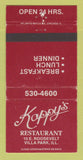 Matchbook Cover - Kappy's Restaurant Villa Park IL WEAR 30 Strike