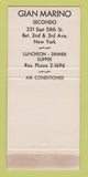 Matchbook Cover - Gian Marino Secondo Restaurant New York City WEAR 30 Strike