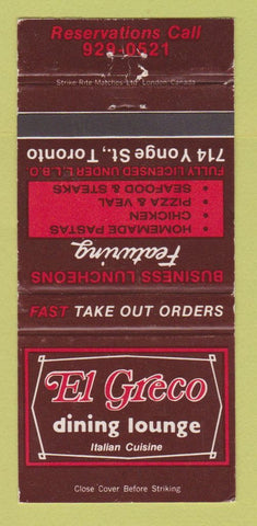 Matchbook Cover - El Greco Restaurant Italian Toronto ON WEAR 30 Strike