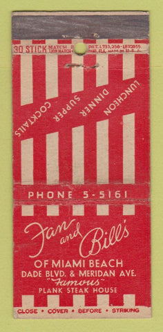 Matchbook Cover - Fan and Bills Steaks Miami Beach FL WORN 30 Stick