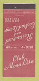 Matchbook Cover - Club Mona Lisa Restaurant Chicago IL 30 Stick