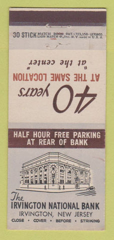 Matchbook Cover - Irvington National Bank NJ 30 Stick