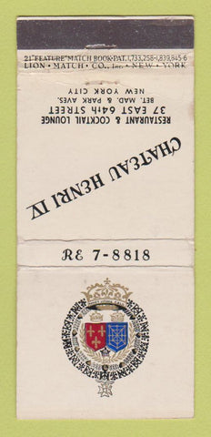 Matchbook Cover Chateau Henri IV Restaurant New York City WORN 21 Strike Feature