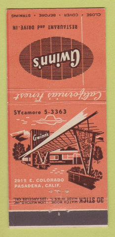 Matchbook Cover - Gwinn's Restaurant Pasadena CA 30 Stick