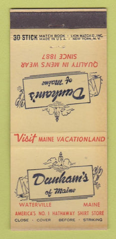 Matchbook Cover - Dunham's Men's Clothes Waterville ME WORN 30 Stick