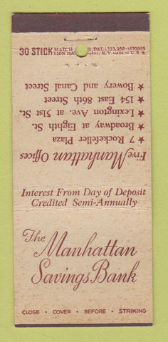 Matchbook Cover - Manhattan Savings Bank New York City WEAR 30 Stick