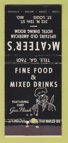 Matchbook Cover - McAteer's Restaurant St Louis MO 30 Stick