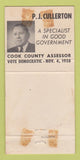 Matchbook Cover - PJ Cullerton County Assessor Election 1958 WORN 30 Strike