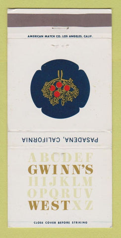 Matchbook Cover - Gwinn's West Restaurant Pasadena CA 30 Strike