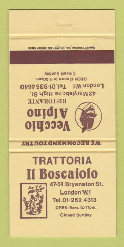 Matchbook Cover - Trattoria Boscaiolo London UK England Vecchio Alpino 30 Strike