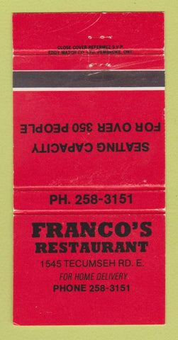 Matchbook Cover - Franco's Restaurant Windsor ON WEAR 30 Strike