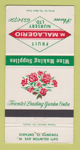 Matchbook Cover - M Malagerio Nursery Fruit Toronto ON flowers 30 Strike