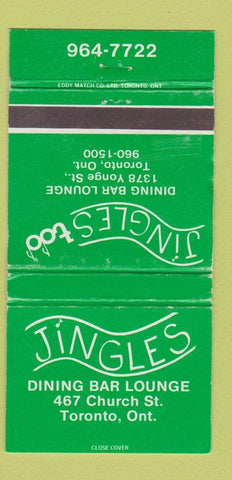 Matchbook Cover - Jingles Too Toronto ON Restaurant Bar WORN 30 Strike