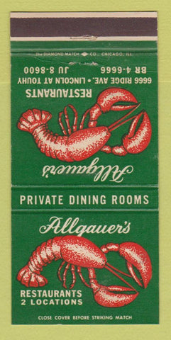 Matchbook Cover - Allgauer's Restaurants Chicago IL Lobster WEAR 30 Strike