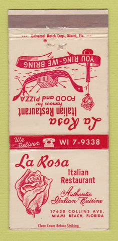 Matchbook Cover - La Rosa Italian Restaurant Miami Beach FL 30 Strike