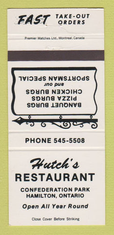 Matchbook Cover - Hutch's Restaurant Hamilton ON WHITE 30 Strike