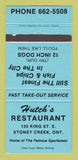 Matchbook Cover - Hutch's Restaurant Hamilton ON BLUE 30 Strike