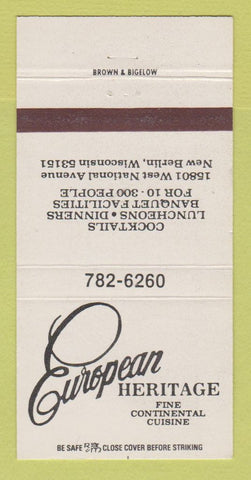 Matchbook Cover - European Heritage Restaurant New Berlin WI 30 Strike