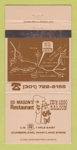 Matchbook Cover - Ed Mason's Restaurant JB's 1890 Saloon Cumberland MD 30 Strike