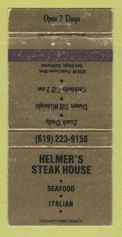Matchbook Cover - Helmer's Steak House Italian San Diego CA WEAR 30 Strike