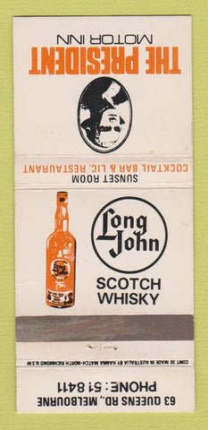 Matchbook Cover - President Motor Inn Long John Whiskey Melbourne WEAR 30 Strike