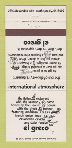 Matchbook Cover - El Greco Restaurant Southgate KY 30 Strike